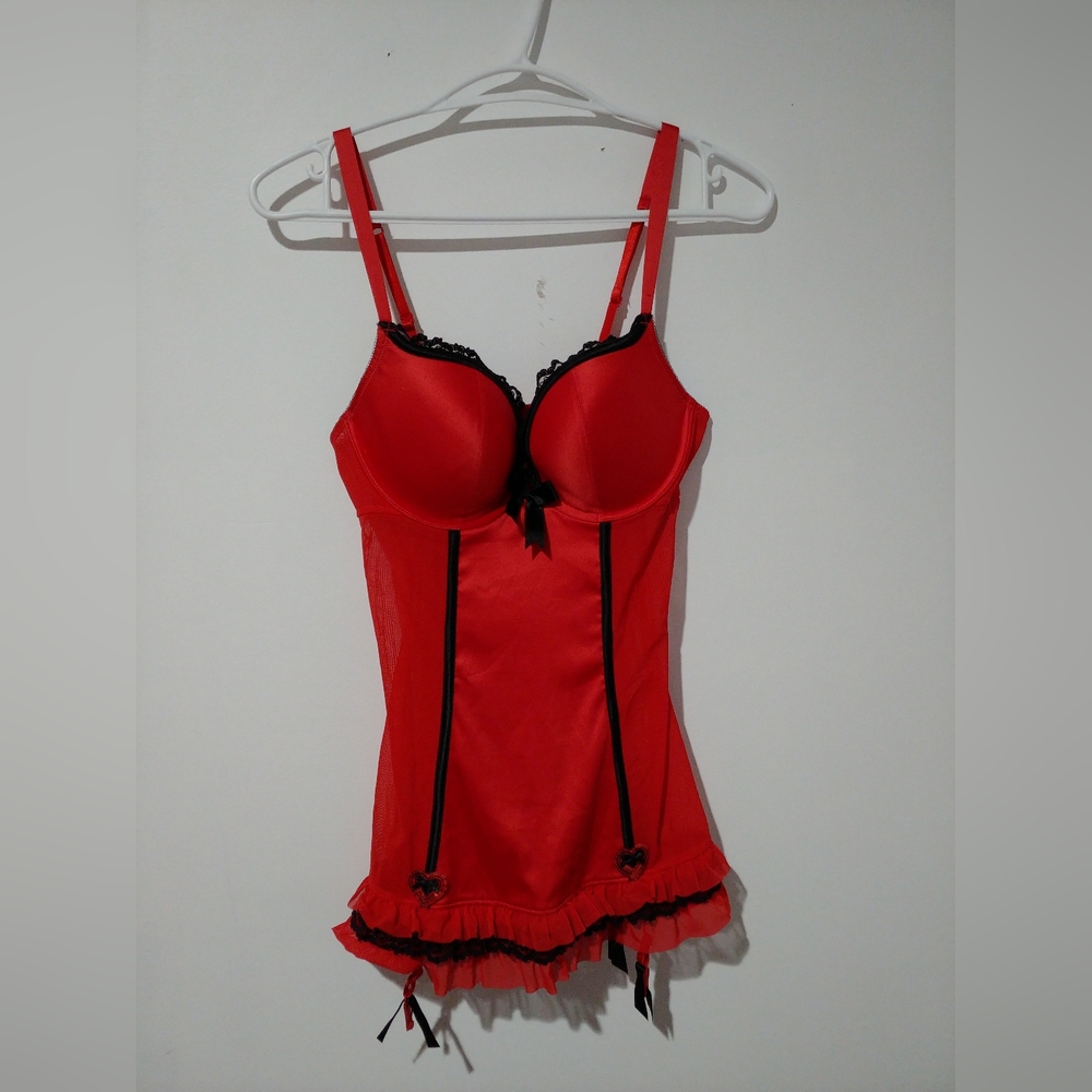 Red and Black La SENZA Heart Mesh Lingerie Bra Top With Ruffles